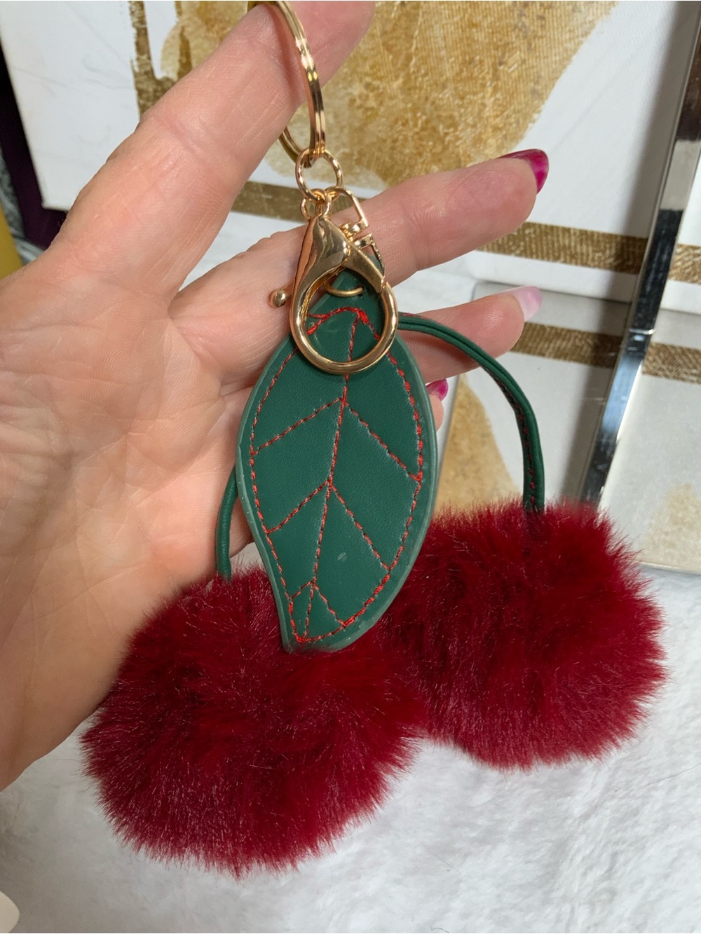 Green Leaf and Red Pom Pom Keychain Charm